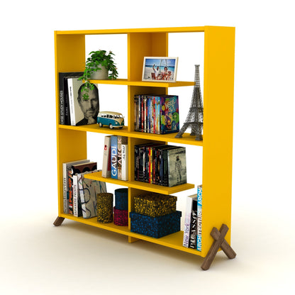 Furnish Home Store Kipp Wood Frame Etagere Open Back 6 Shelves Bookcase Industrial Bookshelf for Office and Living Rooms Modern Bookcases Large Bookshelf Organizer, Walnut/Yellow