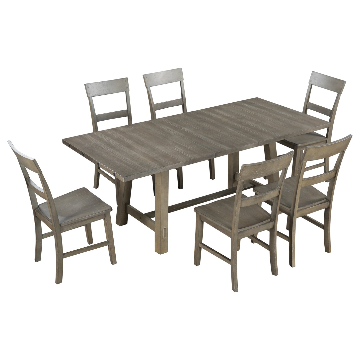 TREXM Retro Industrial Style 7-Piece Dining Table Set Extendable Table with 18” Leaf and Six Wood Chairs 
(Gray)