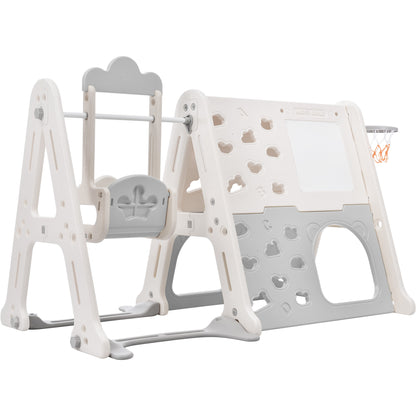 6-in-1 Toddler Climber and Swing Set Kids Playground Climber Swing Playset with Tunnel, Climber, Whiteboard,Toy Building Block Baseplates, Basketball Hoop Combination for Babies