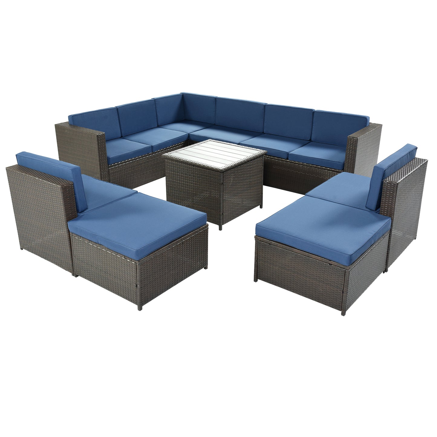 U_Style 9 Piece Rattan Sectional Seating Group with Cushions and Ottoman, Patio Furniture Sets, Outdoor Wicker Sectional