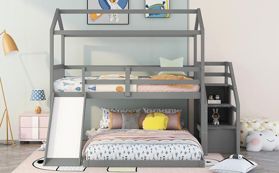 Twin over Full House Bunk Bed with Convertible Slide and Storage Staircase,Full-Length Guardrail,Gray