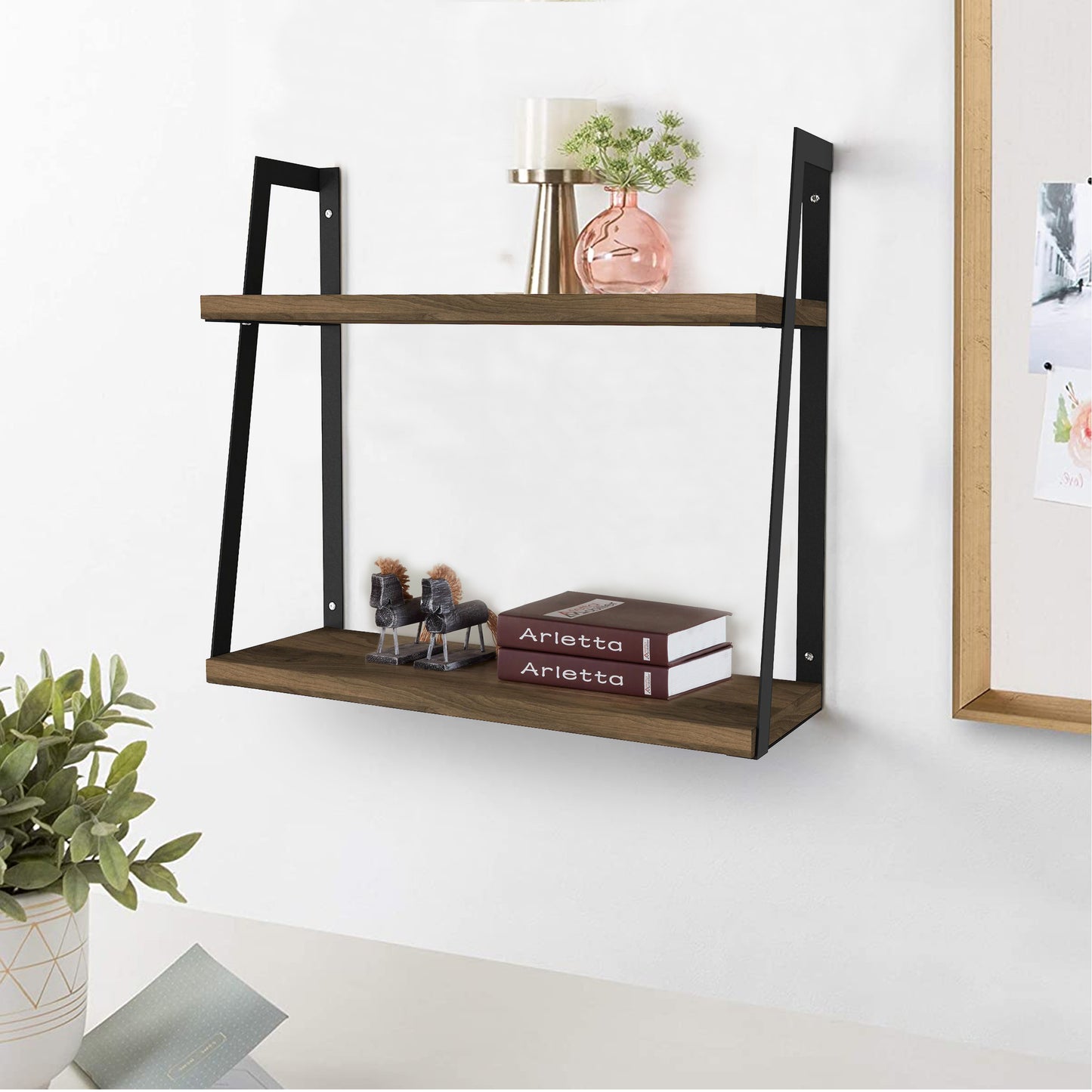 Joel 18 Inch Rectangular 2 Tier Wood Floating Wall Mount Shelf with Metal Frame, Brown and Black