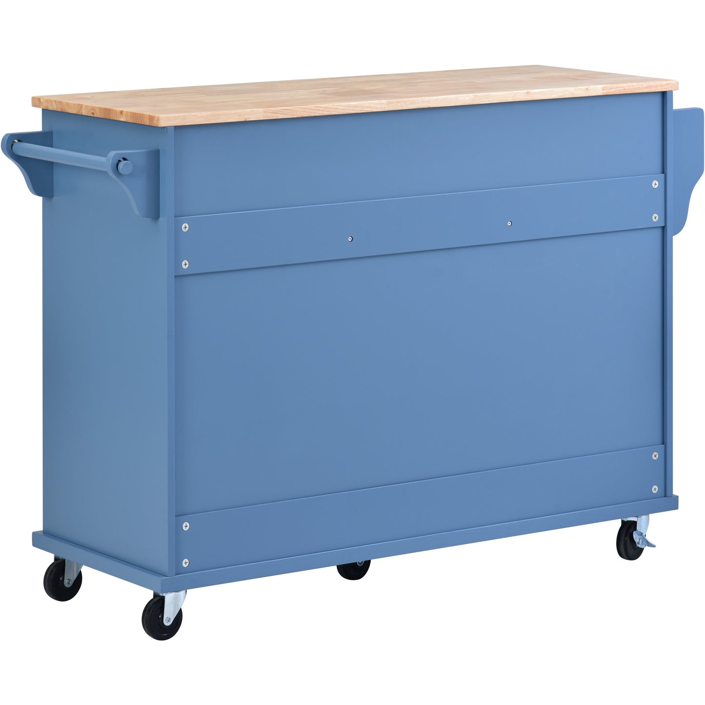 K&K kitchen cart with Rubber wood desktop rolling mobile kitchen island with storage and 5 draws 53 Inch width （Blue）