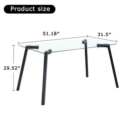 Modern Minimalist Rectangular Glass Dining Table for 4-6 with 0.31" Tempered Glass Tabletop and Black Coating Metal Legs, Writing Table Desk, for Kitchen Dining Living Room, 51" W x 31"D x 30" H