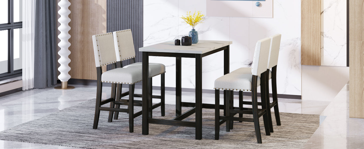 TOPMAX 5 Piece Rustic Wooden Counter Height Dining Table Set with 4 Upholstered Chairs for Small Places, Faux Marble Top+Black Body