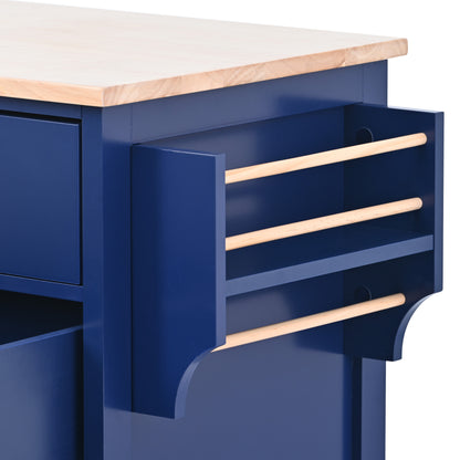 K&K Store Kitchen Cart with Rubber Wood Countertop , Kitchen Island has 8 Handle-Free Drawers Including a Flatware Organizer and 5 Wheels for Kitchen Dinning Room, Dark Blue