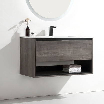 36 inches Wood Floating Bathroom Vanity Combo with Integrated Ceramic Sink and Soft Close Drawer