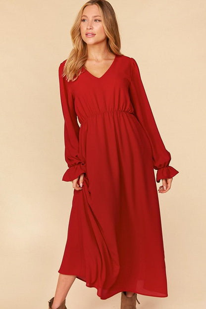 PUFF RUFFLE HEM SLEEVE WOVEN MAXI LINED DRESS