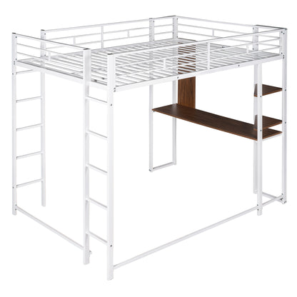 Full Size Metal Loft Bed with 2 Shelves and one Desk ,White (Old SKU: LP000191AAK )