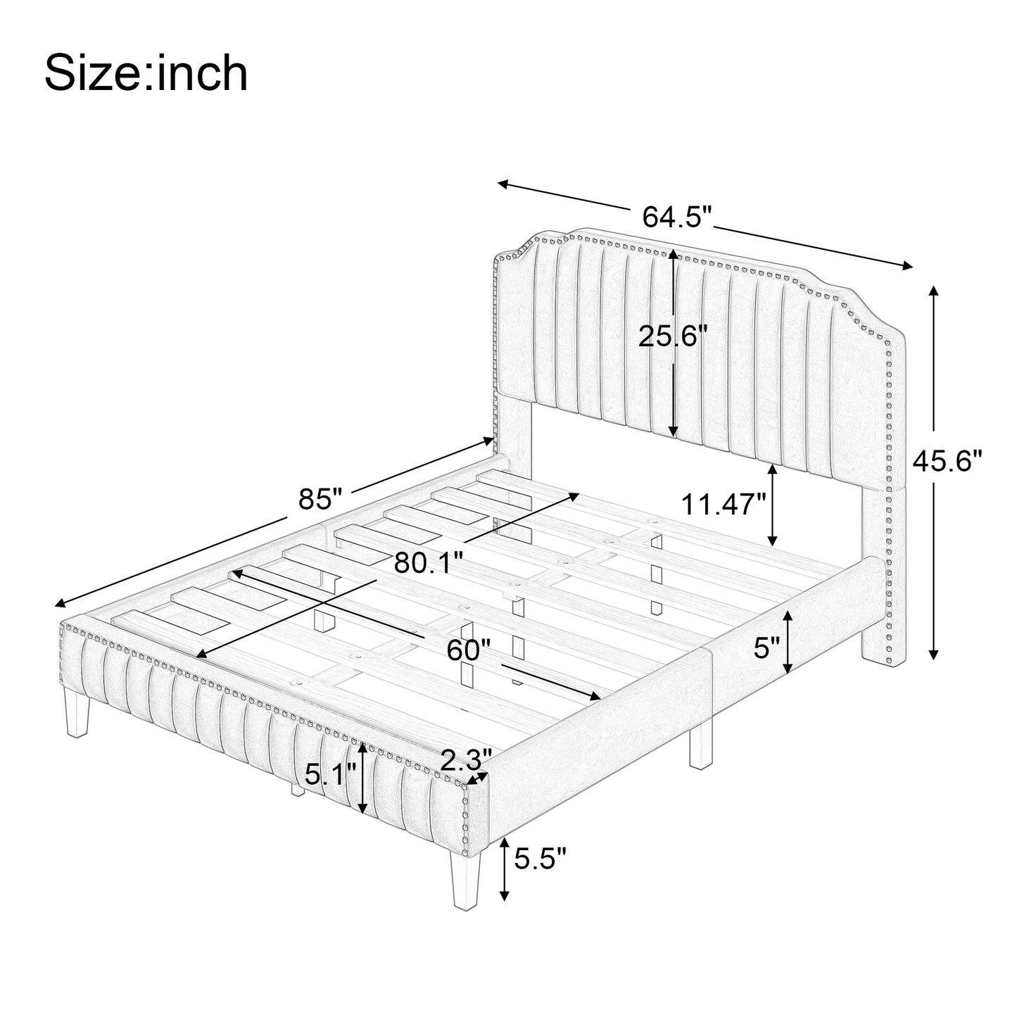 Modern Linen Curved Upholstered Platform Bed , Solid Wood Frame , Nailhead Trim, Cream (Queen)