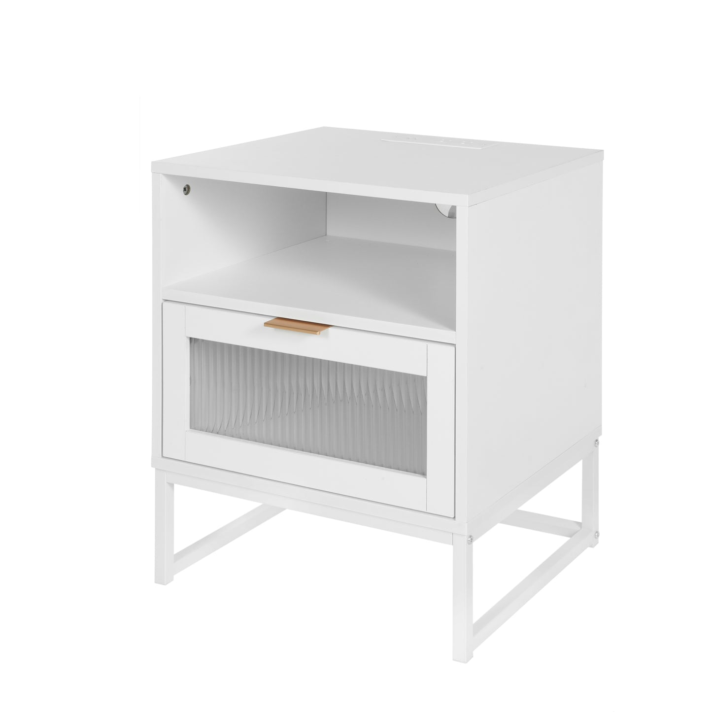 Nightstand with  LED Lights / Drawer, White Bedside Table for Bedroom