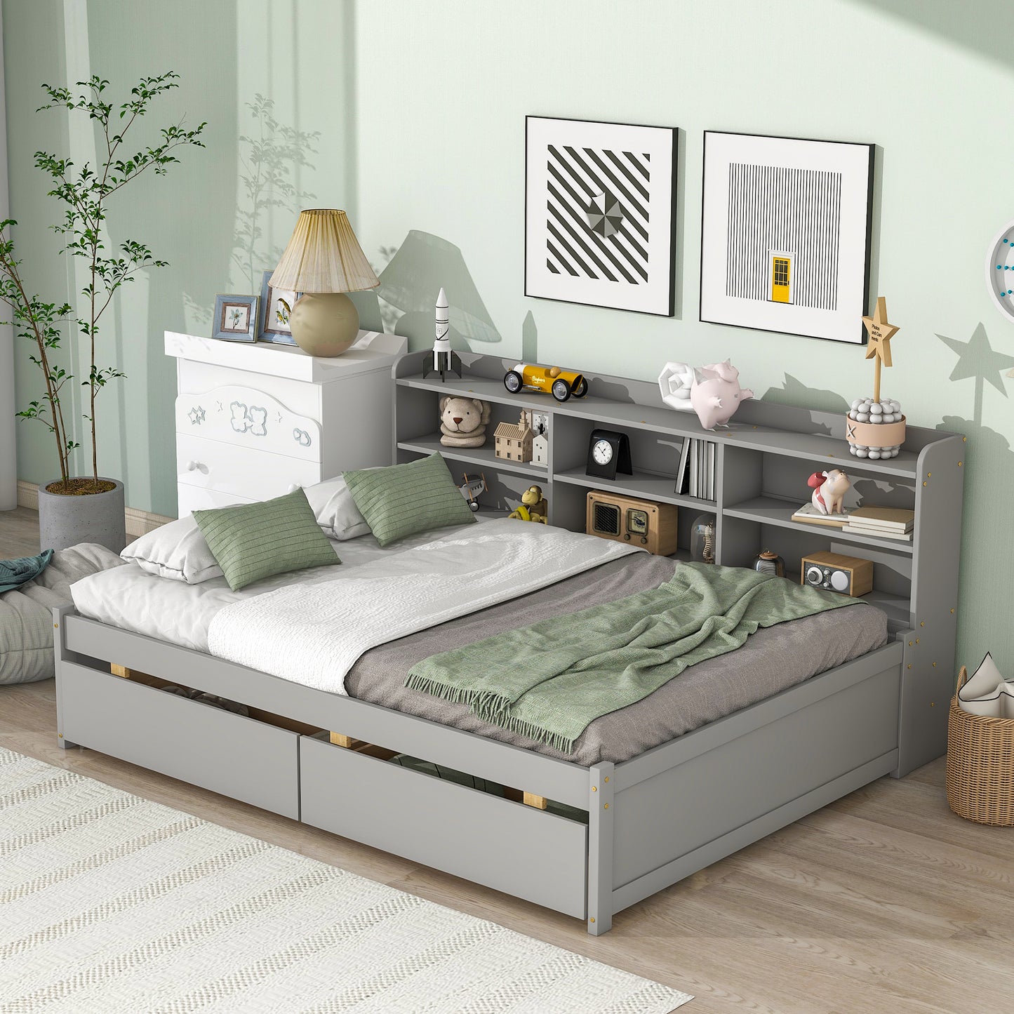 Full Bed with Side Bookcase, Drawers,Gray