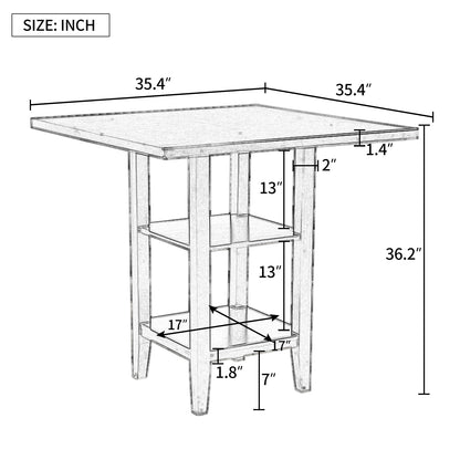 TREXM Square Wooden Counter Height Dining Table with 2-Tier Storage Shelving, Gray