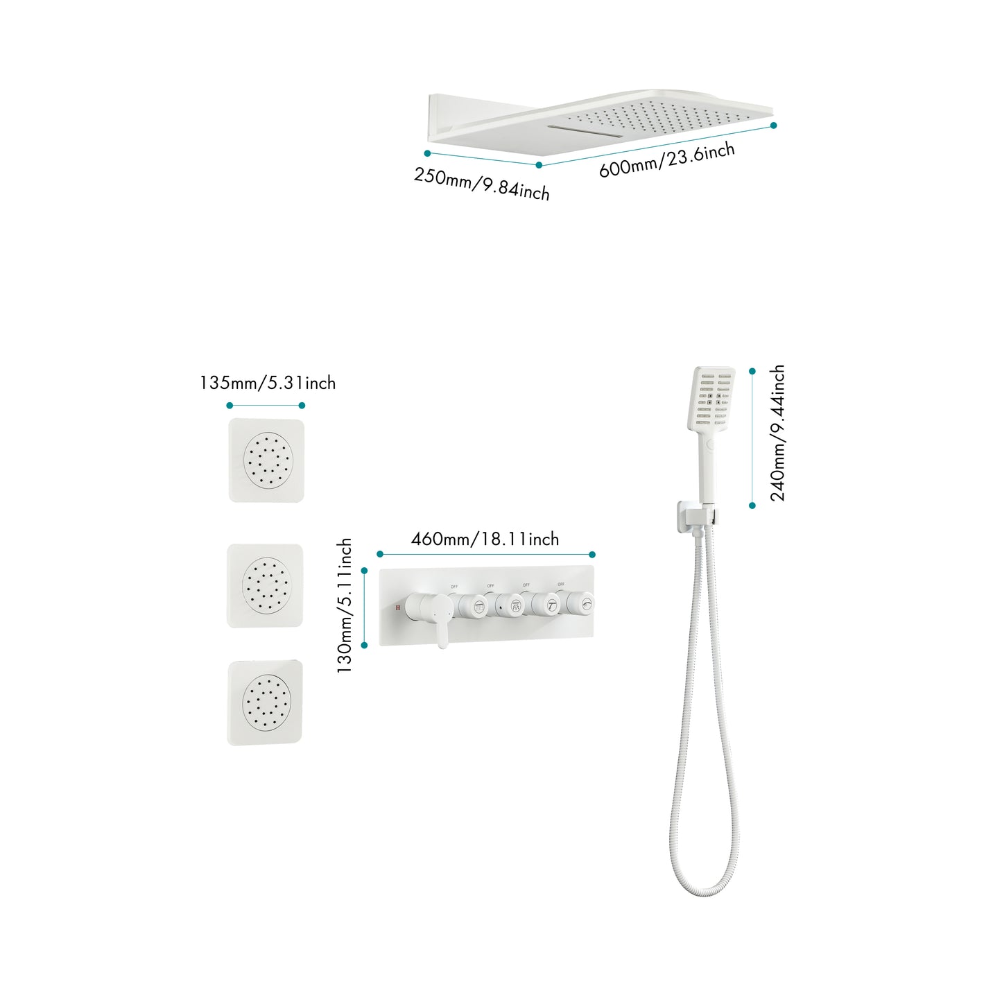 Wall Mounted Waterfall Rain Shower System With 3 Body Sprays & Handheld Shower