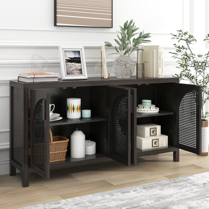 TREXM Large Storage Space Sideboard with Artificial Rattan Door and metal handles for Living Room and Entryway (Espresso)