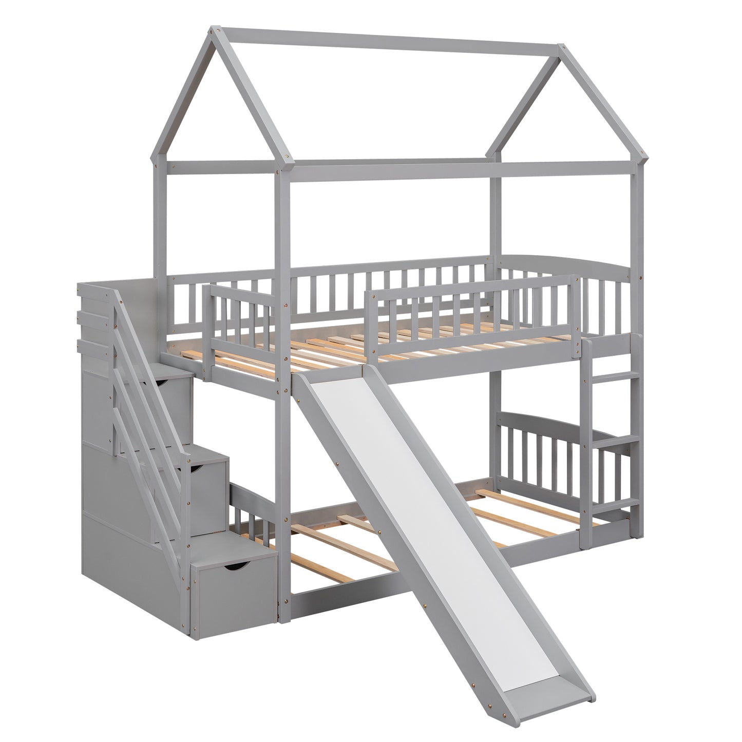 Twin Over Twin Bunk Bed with Drawers and Slide, House Bed with Slide,Gray(OLD SKU :LT000215AAE)