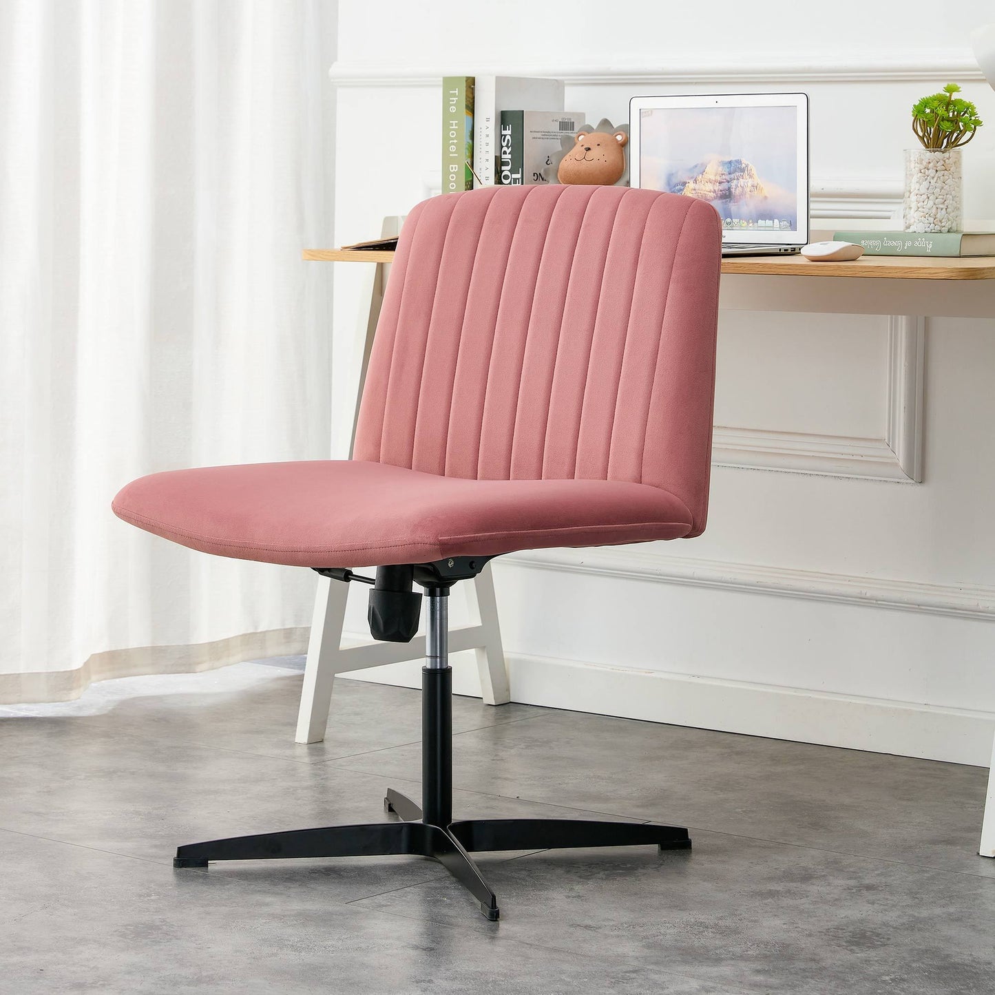 Pink Velvet Material. Home Computer Chair Office Chair Adjustable 360 °Swivel Cushion Chair With Black Foot Swivel Chair Makeup Chair Study Desk Chair. No Wheels