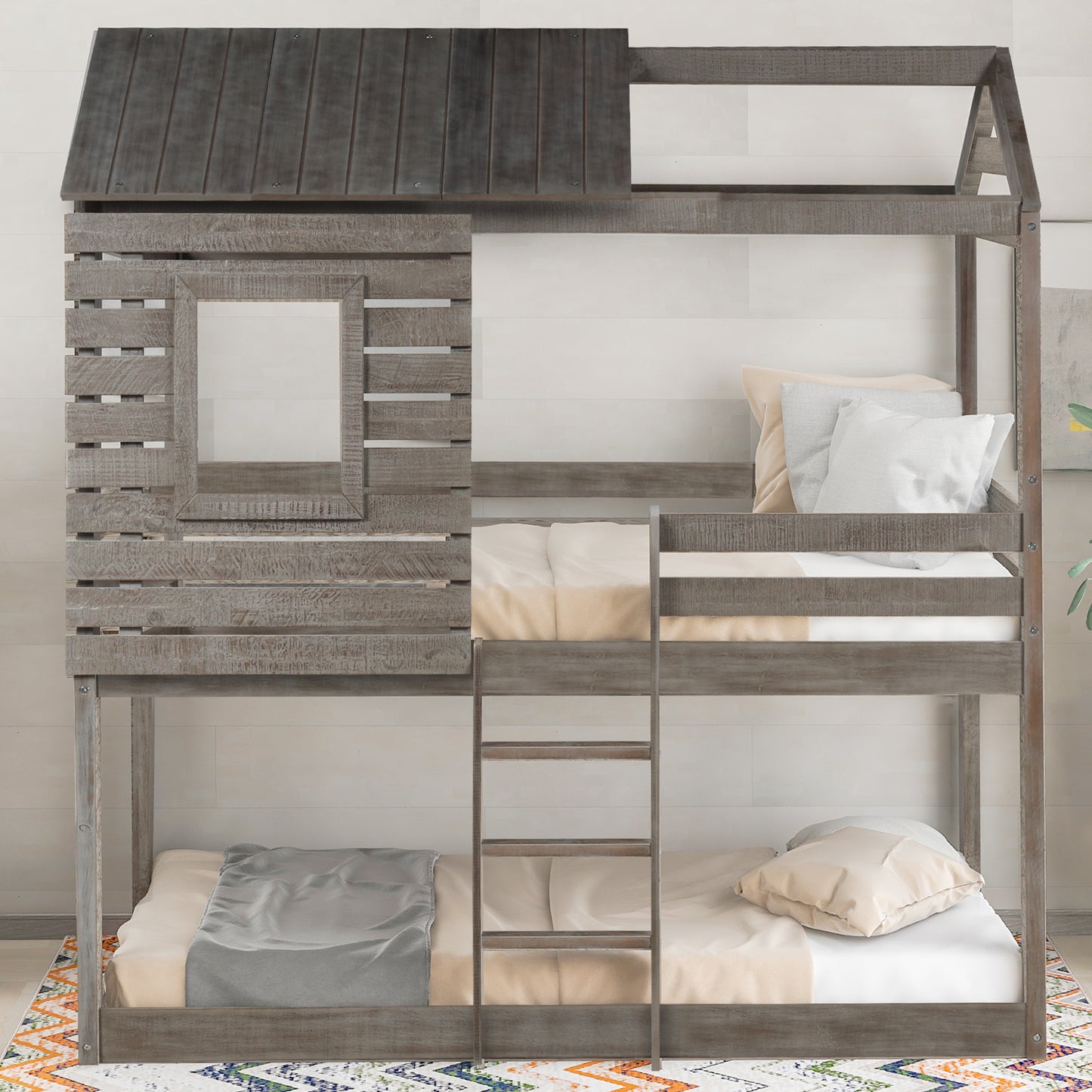 Twin Over Twin Bunk Bed Wood Loft Bed with Roof, Window, Guardrail, Ladder  ( Antique Gray )