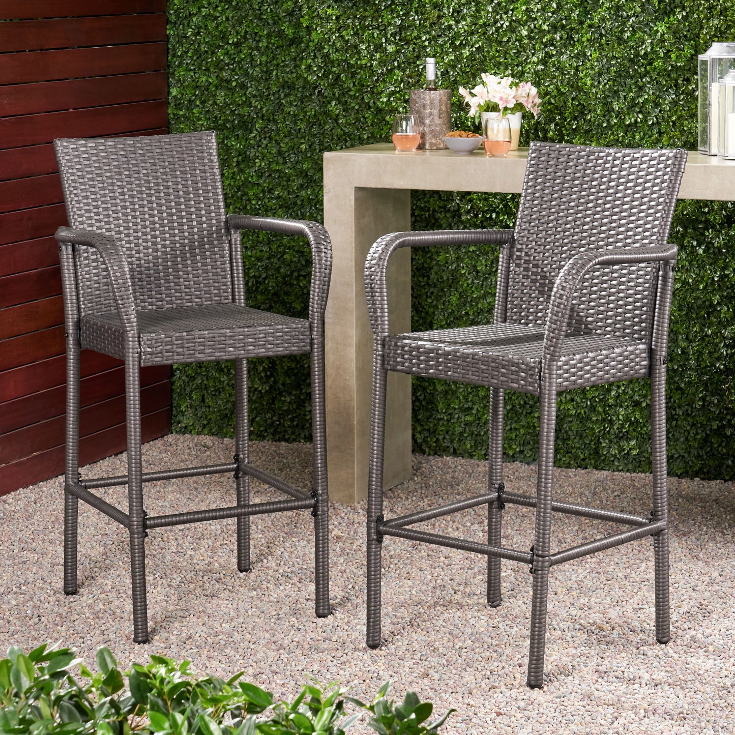 Stewart 30-Inch Outdoor Grey Wicker Barstool (Set of 2)