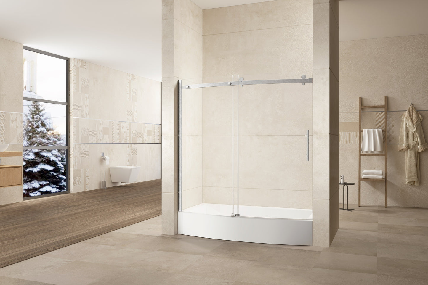 TRUSTMADE Frameless Curved Bathtub Shower Doors 60" Width x 58" Height with 1/3"(8mm) Clear Tempered Glass Finish, K07N-1