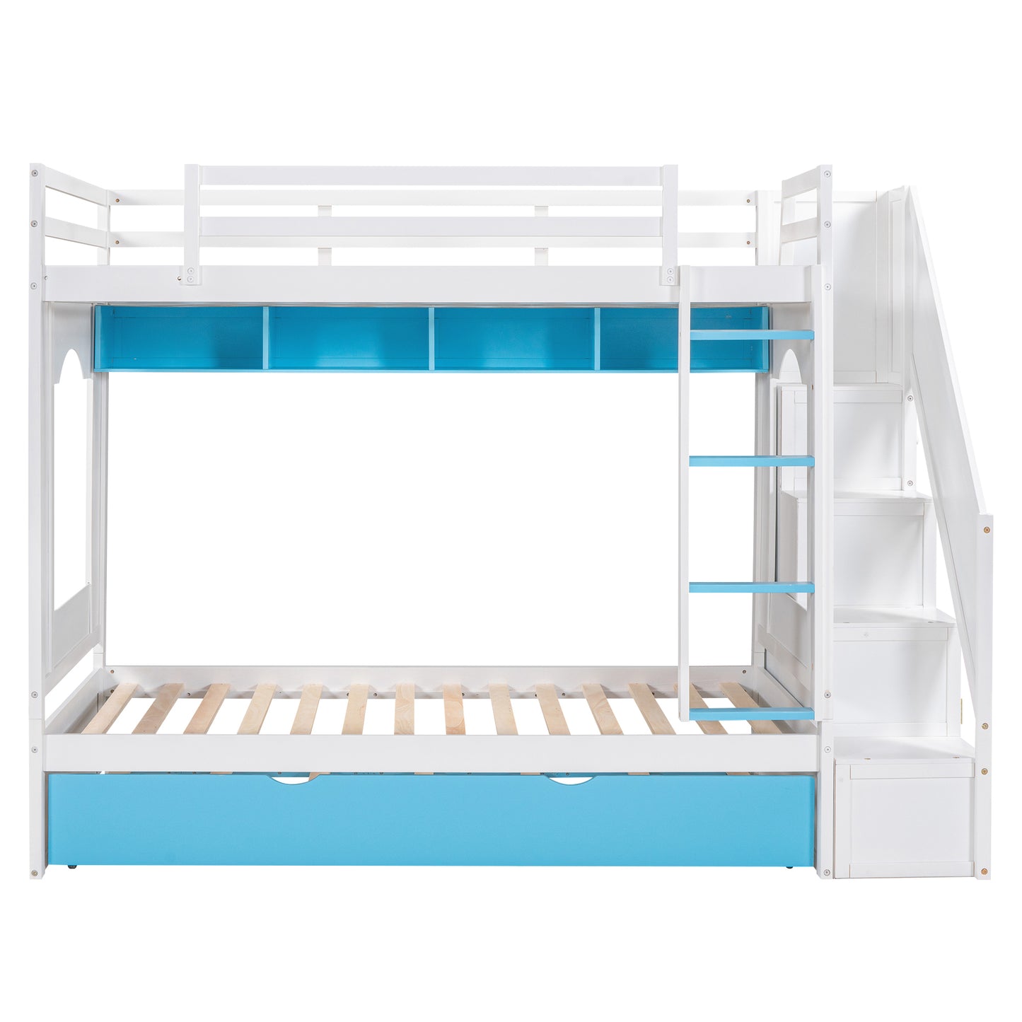 Twin Over Twin Bunk Bed with Trundle ,Stairs,Ladders Solid Wood Bunk bed with Storage Cabinet （White + Blue）