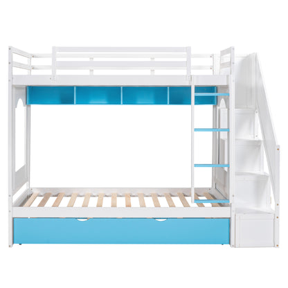 Twin Over Twin Bunk Bed with Trundle ,Stairs,Ladders Solid Wood Bunk bed with Storage Cabinet （White + Blue）