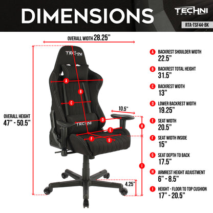 Techni Sport TS-F44 Fabric Ergonomic High Back Racer Style PC Gaming Chair, Black