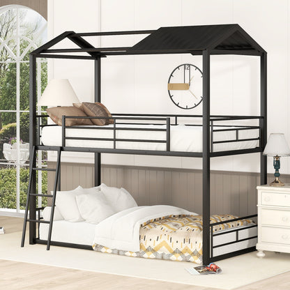 Twin Over Twin Bunk Bed Metal Bed with Half Roof, Guardrail and Ladder Black