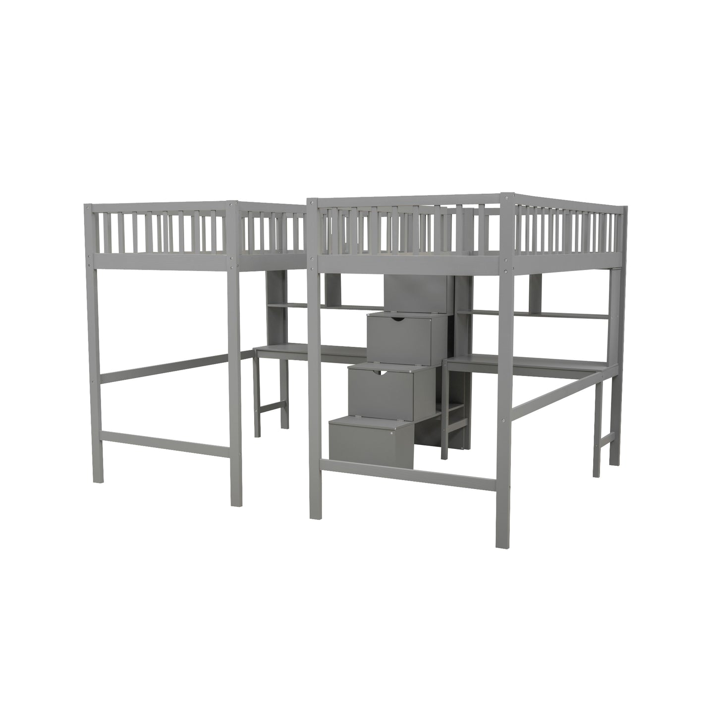 Twin & Twin Size Loft Bed with 2 Built-in Desks and Shelves, Storage Staircase, Gray