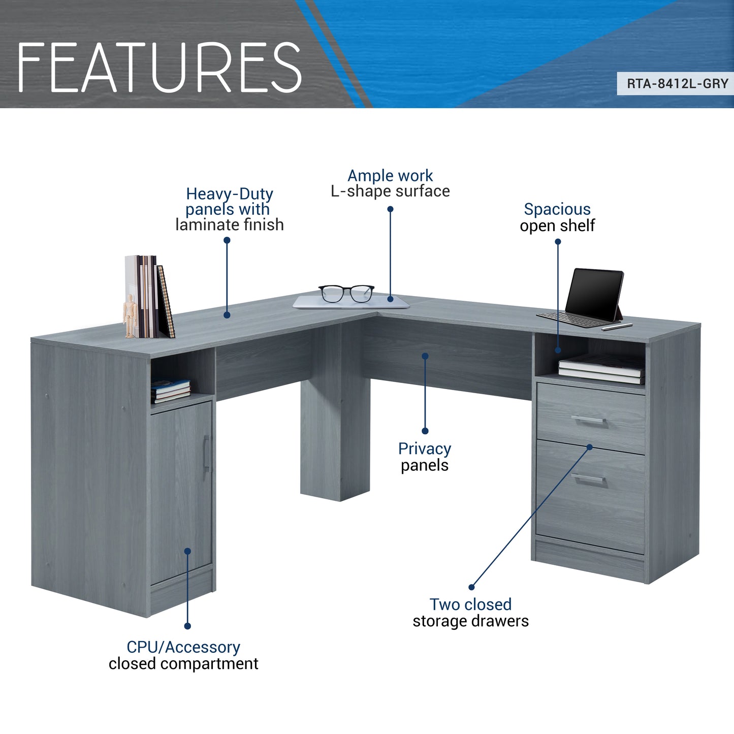 Techni Mobili Functional L-Shape Desk with Storage, Grey