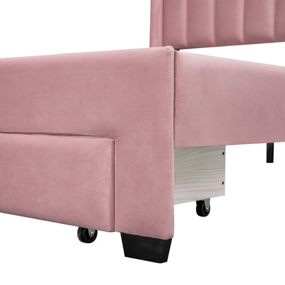 Queen Size Storage Bed Velvet Upholstered Platform Bed with a Big Drawer - Pink