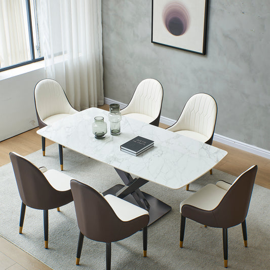 Sintered stone dinning table with 6 pcs Chairs ,Carrara white color , Modern Dinning table 63inch with solid black frame