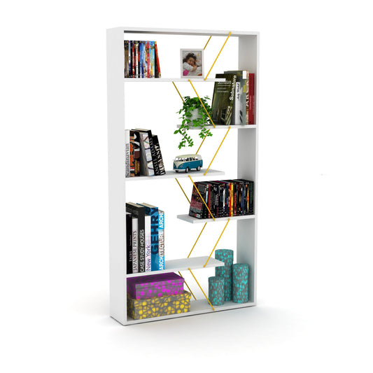 Furnish Home Store Wood Frame Etagere Open Back 6 Shelves Bookcase Industrial Bookshelf for Office and Living Rooms Modern Bookcases Large Bookshelf Organizer, White/Yellow