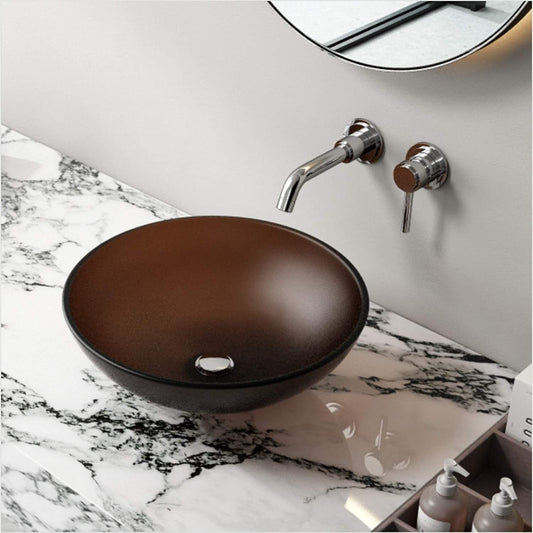 F&R Glass Vessel Bathroom Sink Handmade Thick & Durable, Artistic Bathroom Sink Tempered Glass Vessel Sink, Top Mount Bathroom Sinks Above Counter, Gold Brown