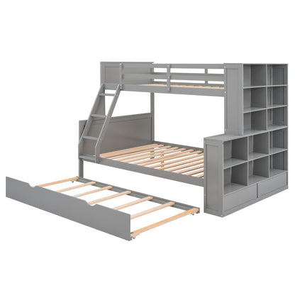 Twin over Full Bunk Bed with Trundle and Shelves, can be Separated into Three Separate Platform Beds, Gray