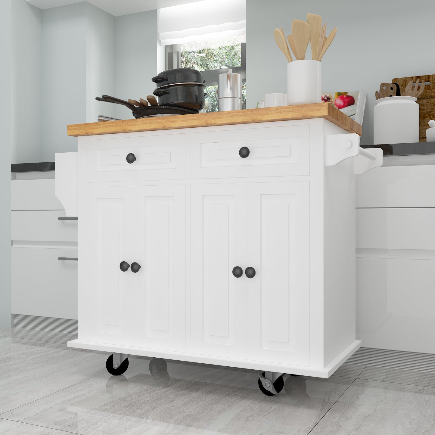 Kitchen Island Cart with Two Storage Cabinets and Two Locking Wheels，43.31 Inch Width，4 Door Cabinet and Two Drawers，Spice Rack, Towel Rack （White）