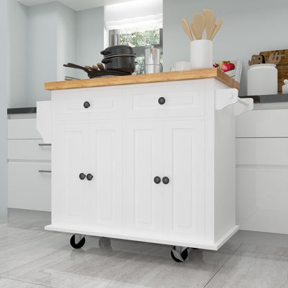 Kitchen Island Cart with Two Storage Cabinets and Two Locking Wheels，43.31 Inch Width，4 Door Cabinet and Two Drawers，Spice Rack, Towel Rack （White）