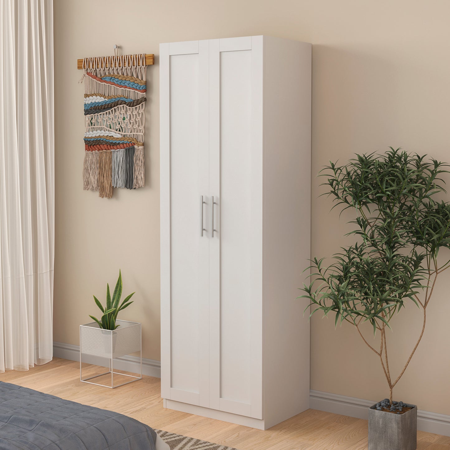 High wardrobe and kitchen cabinet with 2 doors and 3 partitions to separate 4 storage spaces, White