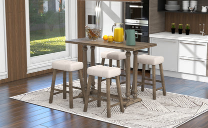 TREXM 5-Piece Dining Table Set, Counter Height Dining Furniture with a Rustic Table and 4 Upholstered Stools for Kitchen, Dining Room (Light Brown)