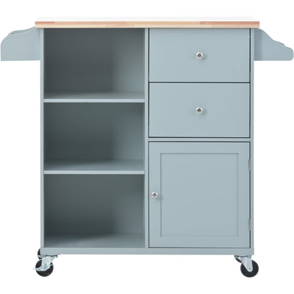 K&K Store Kitchen Cart on 4 Wheels with 2 Drawers and 3 Open Shelves, Kitchen Island with Rubber Wood top for Dinning Room, Grey Blue