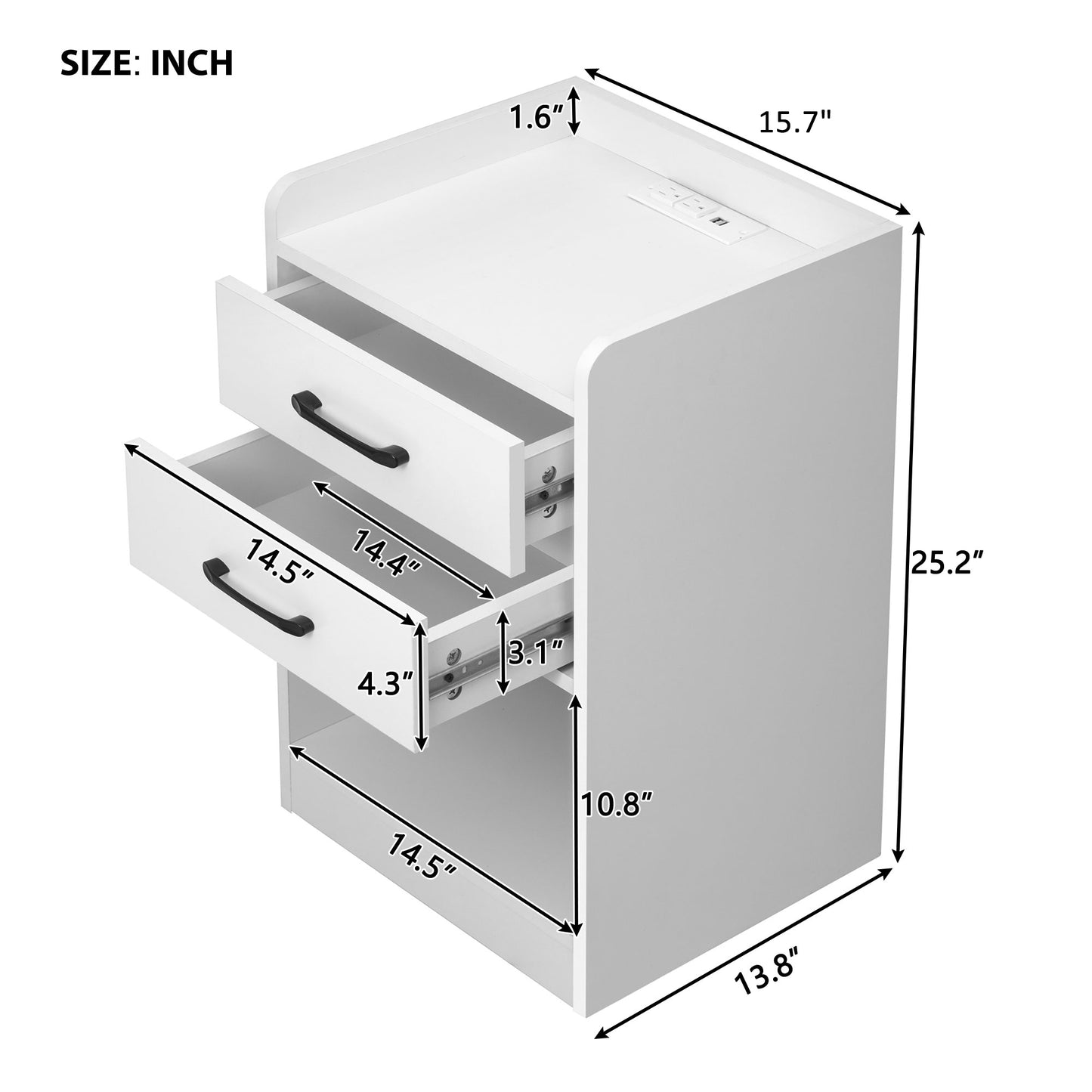 Nightstand with 2 Drawers and Cabinet,USB Charging Ports and Remote Control LED Light-White