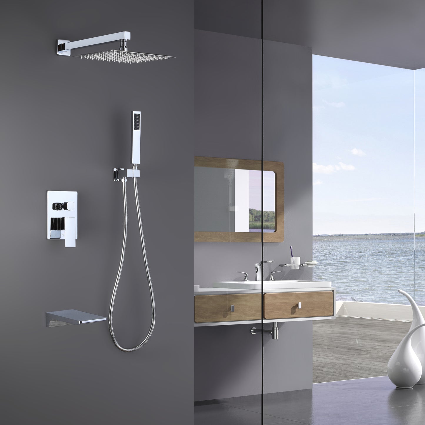 Trustmade Wall Mounted Square Rainfall Pressure Balanced Complteted Shower System with Rough-in Valve, 3 Function, 10 inches Chrome - 3W02