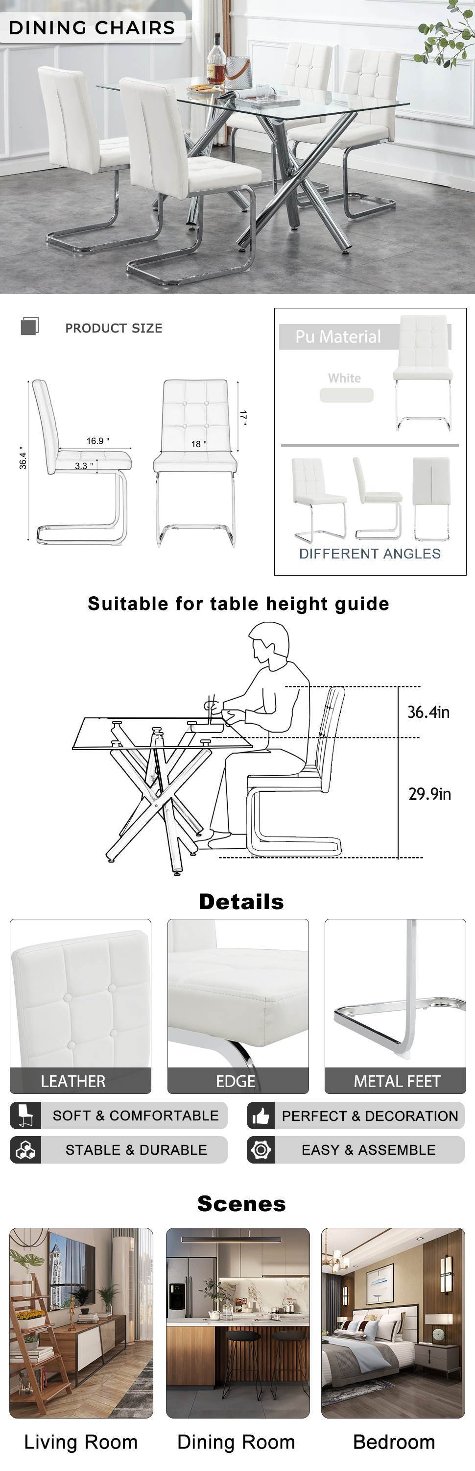 Dining Chairs Set of 2, Modern Style Kitchen Upholstered,with Inset Buttons,C-shaped Tube Plating Metal Legs PU office Chairs,for Dining Room Office living room lounge dresser patio club,White