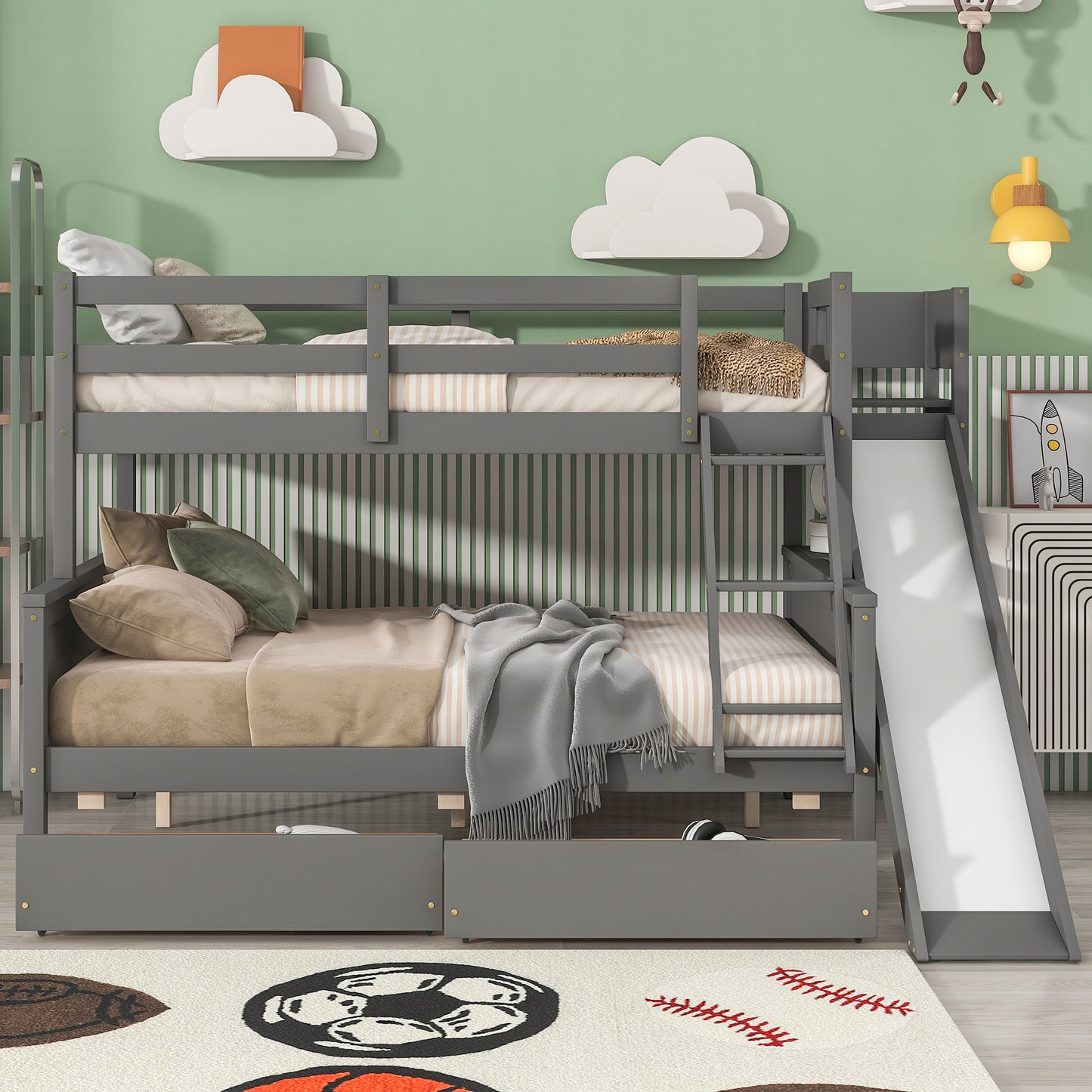 Twin over Full Bunk Bed with 2 Drawers,Slide,Shelves Gray