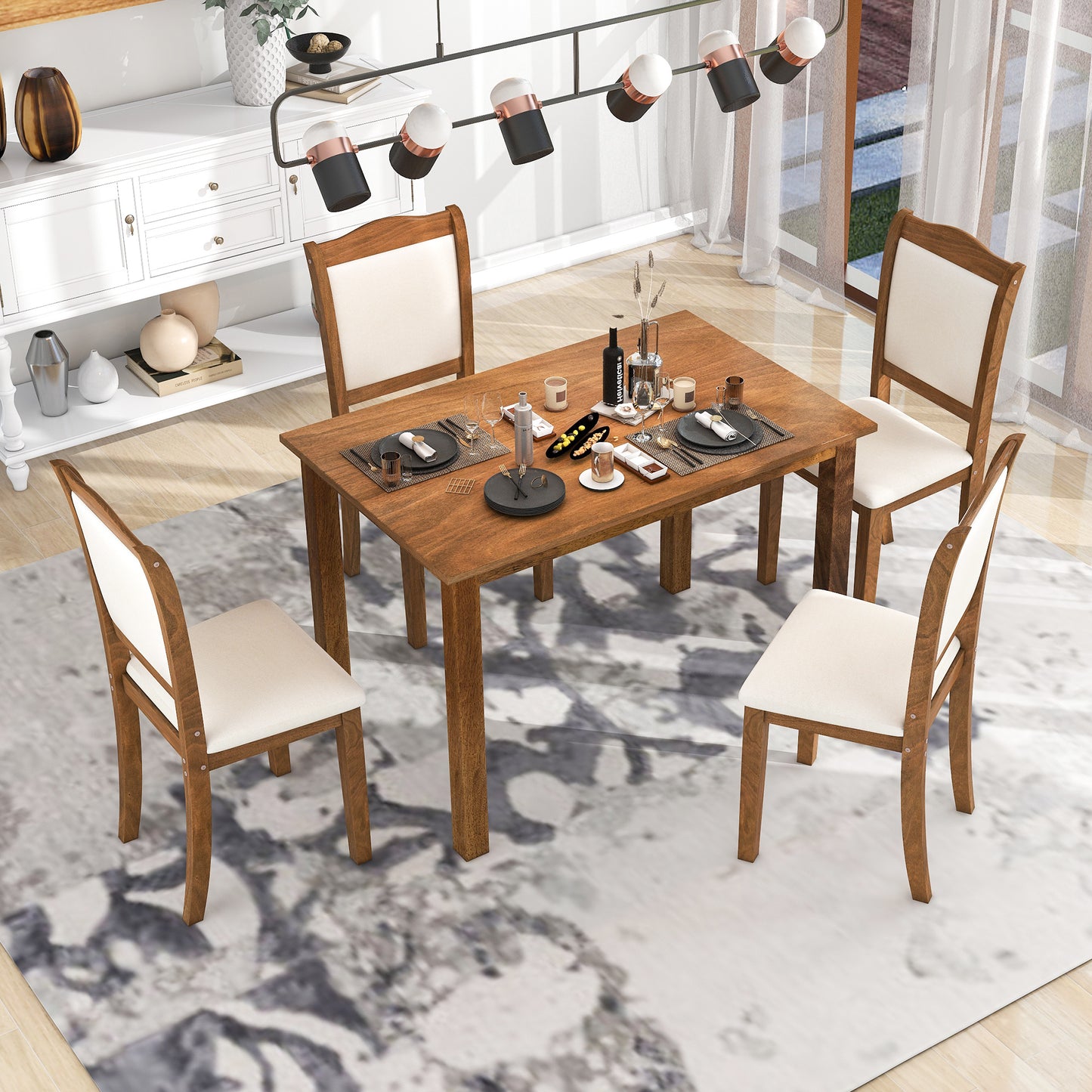 TREXM 5-Piece Wood Dining Table Set Simple Style Kitchen Dining Set Rectangular Table with Upholstered Chairs for Limited Space (Walnut)