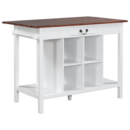 TOPMAX Farmhouse Stationary Wood Dining Table Drop Leaf Kitchen Island with Storage Shelves, Dark Walnut+White