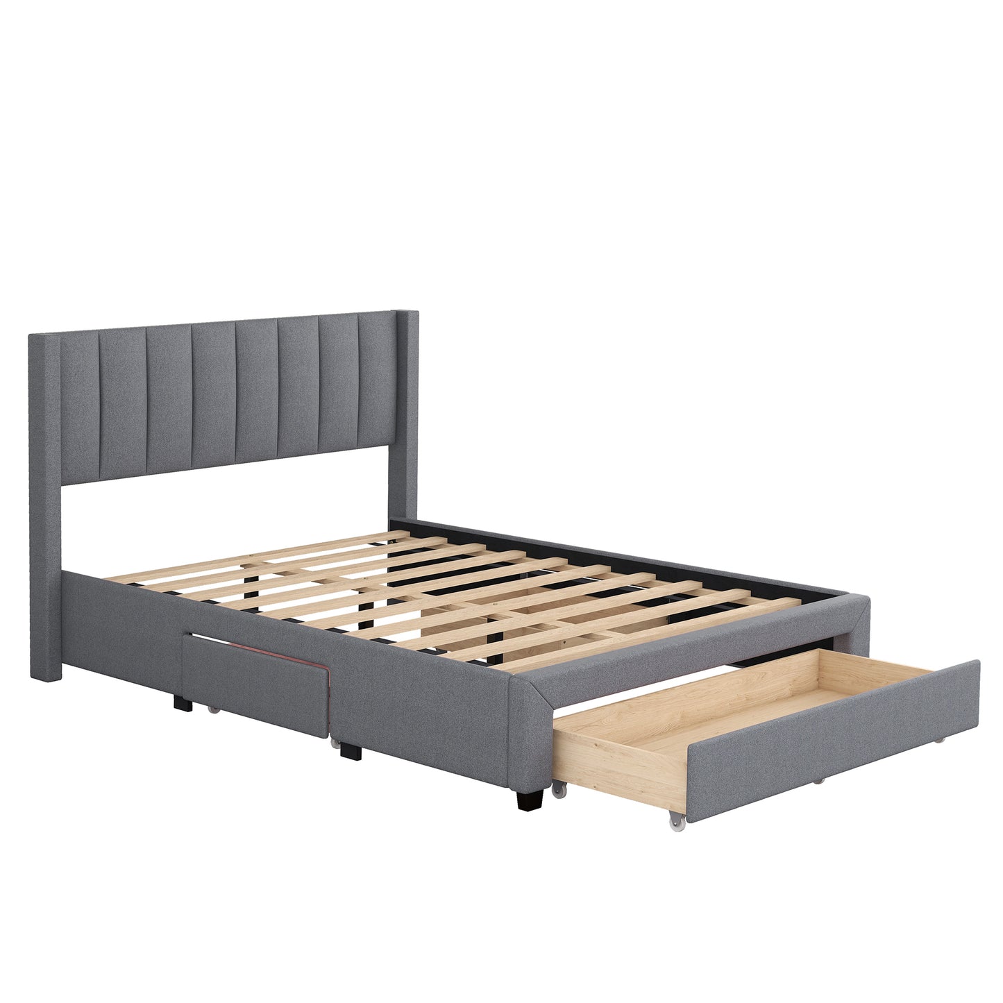 Full Size Upholstered Platform Bed with One Large Drawer in the Footboard and Drawer on Each Side,Gray