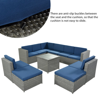 U_Style 9 Piece Rattan Sectional Seating Group with Cushions and Ottoman, Patio Furniture Sets, Outdoor Wicker Sectional, Grey Ratten+Blue Cushions