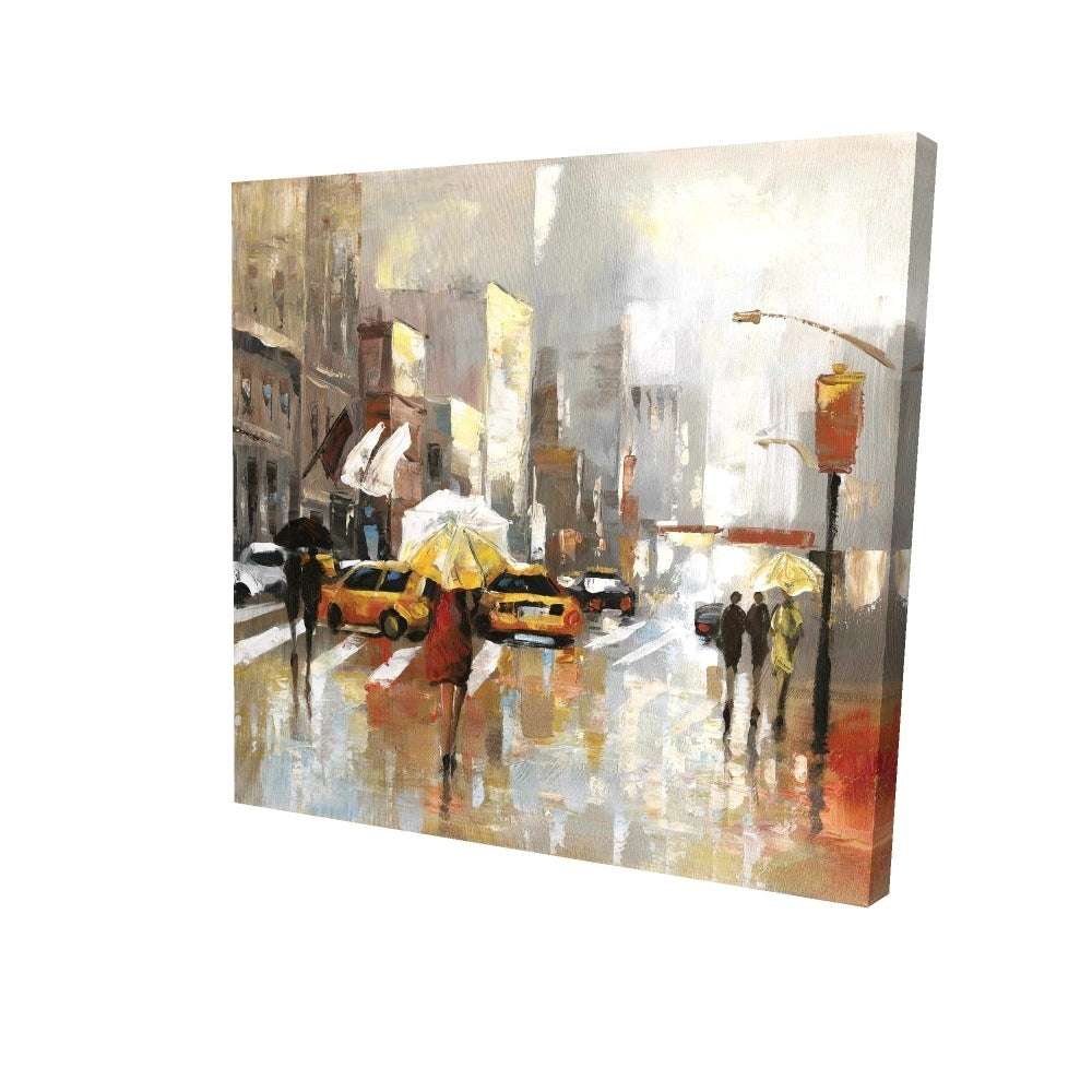 People with umbrellas walking across the street - 32x32 Print on canvas