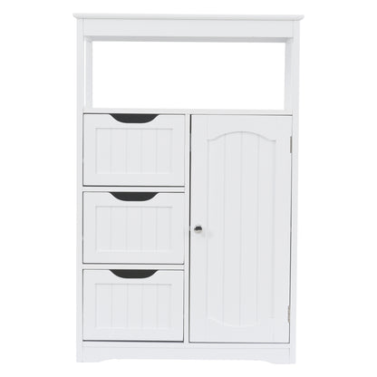 White Bathroom Cabinet, Freestanding Multi-Functional Storage Cabinet with Door and 3 Drawers, MDF Board with Painted Finish